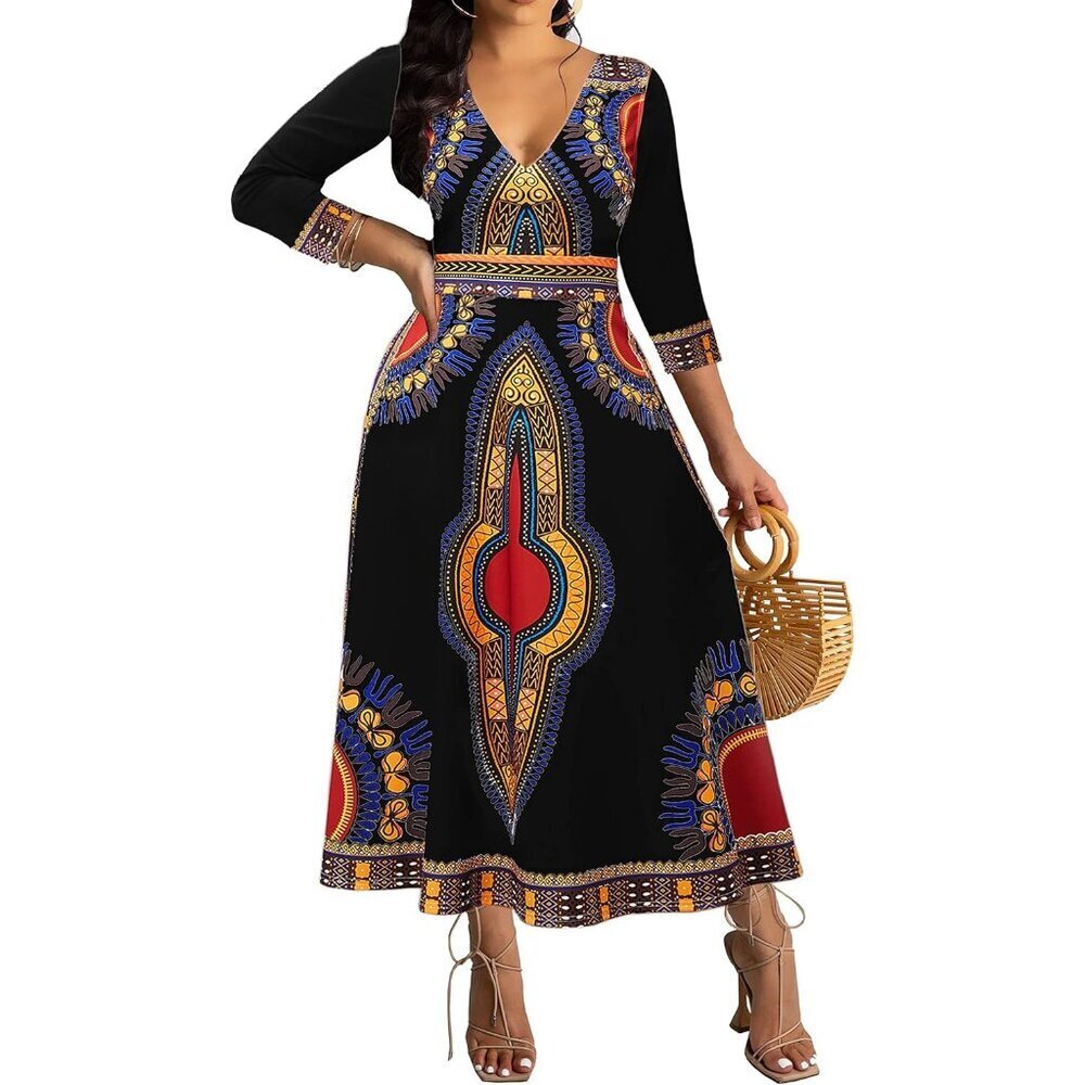 African Dress Women Long Maxi V-Neck Sleeve Casual Ethnic Attire